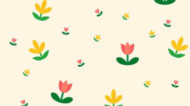 Pembe ve sarı renkli basit lale çiçekleri yumuşak bir bej arka plana saçılmış yeşil yapraklar, cazibe yaratıyor.