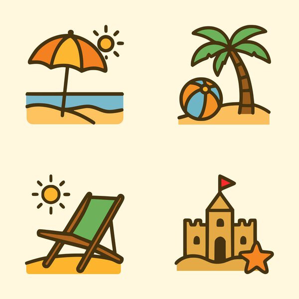 Colorful beach elements set including sun umbrella, tropical palm, beach ball, lounge chair, and sandcastle, perfect for summer travel concept artwork