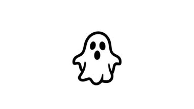 Cadılar Bayramı hayaleti ana hatlı çizim, geniş gözlü ürkütücü çizgi film karakteri ve beyaz üzerine siyah bir ağız.