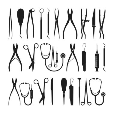 Tıbbi aletler Siluet, Siluet Diş ve Tıbbi Aletler Koleksiyonu, Doktor Tools Silueti, Tıbbi Ekipman SVG, Cricut Clipart Vector, stetoskop, şırınga,