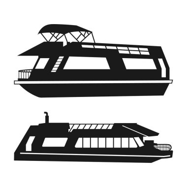 Houseboat Silhouette Clipart, Kerala yüzen ev SVG, Houseboat turları Kerala, Houseboat Vector Illustration Siyah ve beyaz arka plan