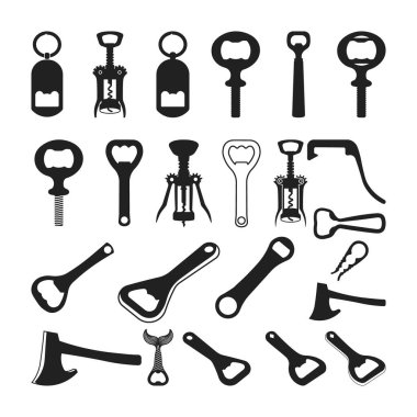 Çeşitli Şişe Açacakları Koleksiyonu Siluetleri, tirbuşon, şişe açacağı silueti beyaz arka planda izole edilmiş