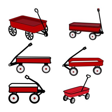 Kırmızı Oyuncak Arabaları, beyaz arka planda izole edilmiş kırmızı bahçe vagonu.