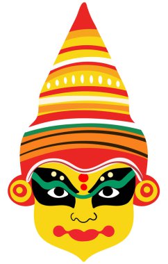 Canlı vektör izole edilmiş kathakali maskesi geleneksel makyaj ve Hint dekoratif unsuru festivaliyle karşı karşıya.