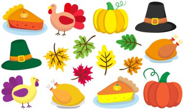Canlı şükran günü sonbahar vektör elementleri balkabaklarını hindi hacılarını şapkalara, balkabağı turtasını parlak şenlikli ağ dekoruna dönüştürür.