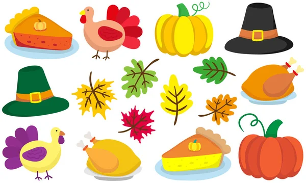 Canlı şükran günü sonbahar vektör elementleri balkabaklarını hindi hacılarını şapkalara, balkabağı turtasını parlak şenlikli ağ dekoruna dönüştürür.
