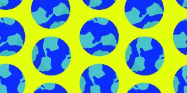 Modern dijital temalar ve küresel kavramlar için parlak sarı arkaplan üzerinde mavi gölgeli dünya küreleri vektörsüz desen