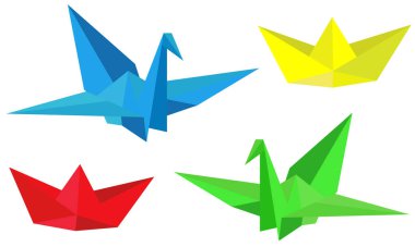 3d origami vektör kümesi yaratıcı ve geometrik tasarım için kağıt kuşlar ve tekneler