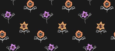 Koyu tüyler ürpertici çiçek desenli şeytani gözler soyut çiçek vektör çizimi kusursuz arka plan psikedelik okült göz.