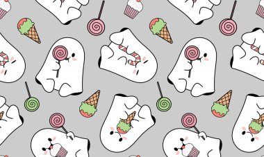 Tatlı hayalet cadılar bayramı kusursuz desenli kawaii ürkütücü yaratıklarla dondurmalar ve gri arka planda kekler
