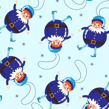 Noel elfleri iplerden sarkan mavi arka planda takılar gibi kusursuz şenlikli desenler.