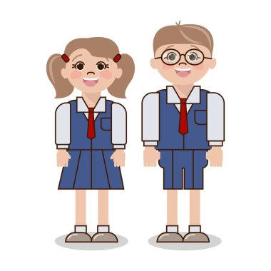 Okul üniformalı bir kızla gözlüklü bir çocuk. Öğrenciler, vec