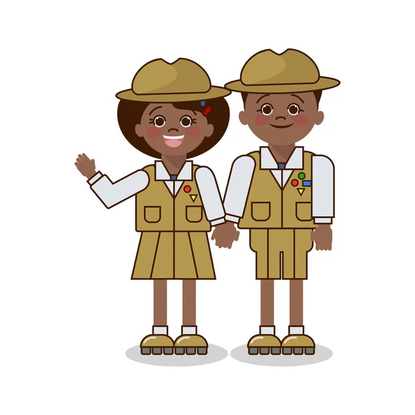 Niños con uniforme de explorador. Chico y chica afroamericanos. Vector — Archivo Imágenes Vectoriales