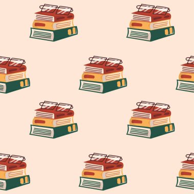 Yığılmış kitap ve gözlüklerle kusursuz desen. Üzerinde okuma gözlüğü olan renkli kitap yığınları içeren kusursuz yineleyici desen, eğitim, çalışma ve kütüphane tasarımları için mükemmel.