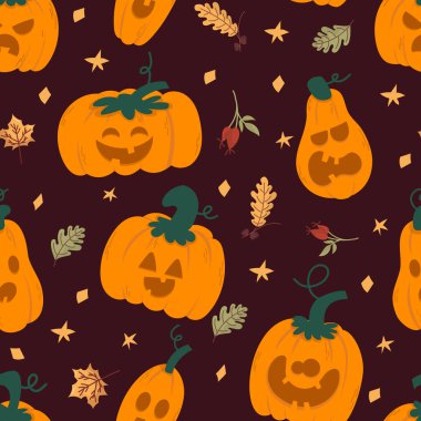 Sonbahar yapraklı kusursuz Cadılar Bayramı balkabağı deseni. Renkli, pürüzsüz Cadılar Bayramı deseni oyulmuş balkabakları, sonbahar yaprakları, yıldızlar ve mevsimlik dekorasyonlar, şenlikli arka planlar ve tasarımlar için mükemmel..