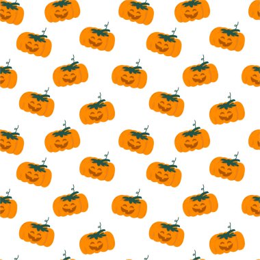 Sonbahar yapraklı kusursuz Cadılar Bayramı balkabağı deseni. Renkli, pürüzsüz Cadılar Bayramı deseni oyulmuş balkabakları, sonbahar yaprakları, yıldızlar ve mevsimlik dekorasyonlar, şenlikli arka planlar için mükemmel.