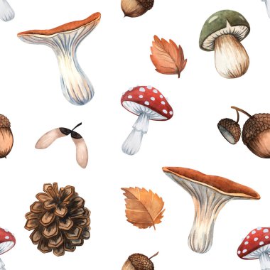 Chanterelleli kusursuz suluboya deseni, sinek mantarı, meşe palamudu, koni, huş tohumu ve sarı yaprak, tekstil, ambalaj, kartlar ve doğa projeleri için mükemmel..