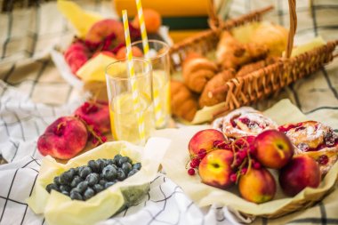 Masa örtüsü üzerinde parkta piknik