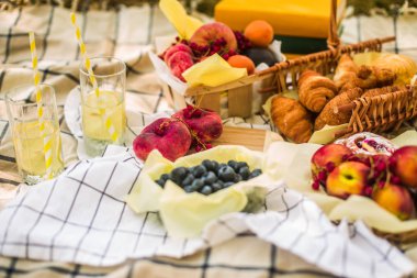 Masa örtüsü üzerinde parkta piknik
