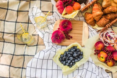 Masa örtüsü üzerinde parkta piknik