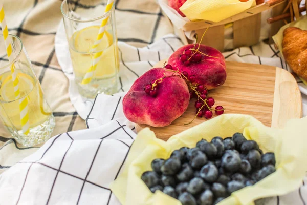Masa örtüsü üzerinde parkta piknik