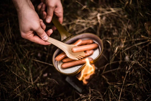 Sausages Fried Open Fire Pan — Stock Photo, Image
