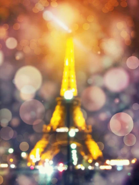 Suddig Oskärpa Nattscen Och Eiffeltornet Siluett Lysande Paris Med Defocus — Stockfoto