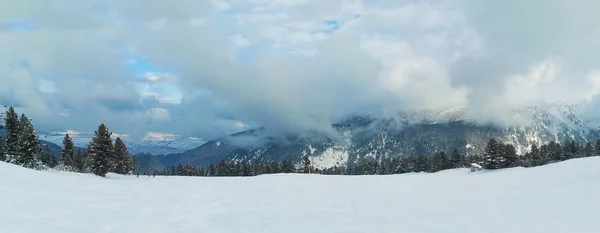 Beautiful Panorama Winter Pirin Mountains Clouds Snowy Fir Trees Mount — Stock Photo, Image