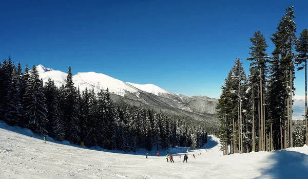 Scenic View Group Skiers Bansko Ski Slope Blue Sky Background — Stock Photo, Image
