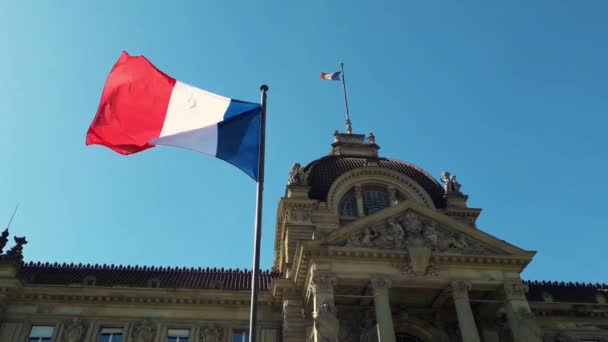 Viento Ondea Bandera Francia Mástil Sobre Fondo Azul Del Cielo — Vídeos de Stock