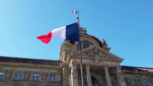 Wind Waait Frankrijk Vlag Mast Tegen Blauwe Lucht Achtergrond Voorkant — Stockvideo