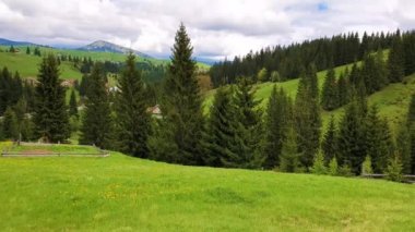 Dağların doğal manzarası doğa ve ahşap kabin ile tepelerüzerinde eski bir köy. Yeşil çimenler, çiçekli çayırlar ve dökmeyen ormanlarla güneşli bir bahar günü. 