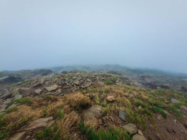 Ufukta düşük görünürlük ile kasvetli sisli manzara.