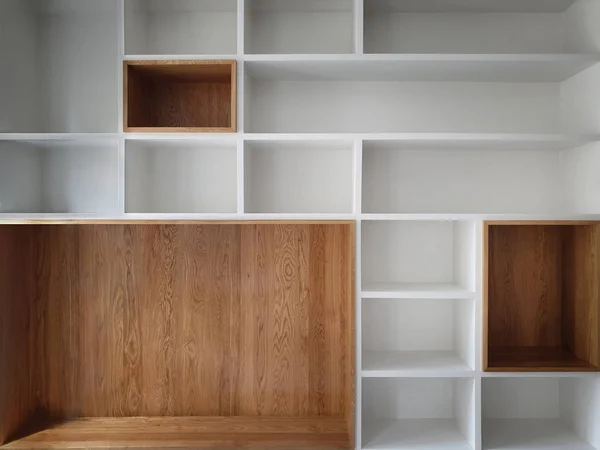 Empty closet shelves background. Modern wooden wardrobe boxes, b — Stock Photo, Image