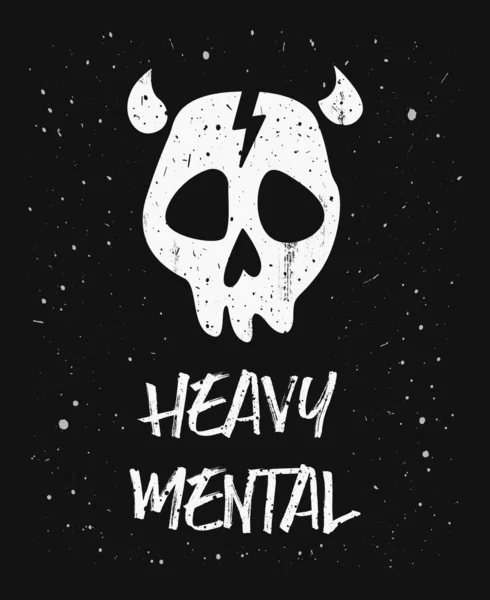 沉重的精神 时髦的文字艺术设计用于印刷 骷髅符号与角和闪电的额头 金属和摇滚音乐爱好者的恐怖图解 大脑功能障碍症的概念 — 图库照片