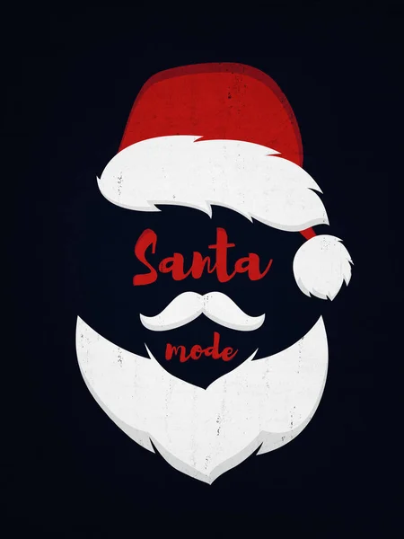 サンタモードオン サンタクロース クリスマス休暇のシンボルと面白い 季節のテキストアートイラスト 白いひげと口ひげ 赤い冬の帽子のアイコン 新年の雰囲気 概念的背景 — ストック写真
