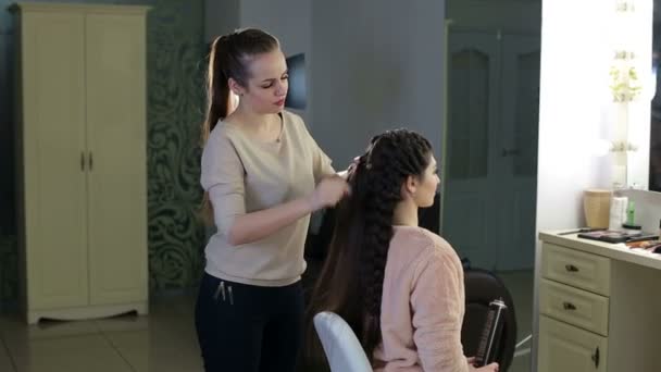 Hairdresser Making Big Braid For Client In Salon Weaving Braids