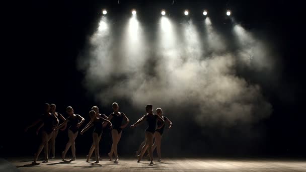 A group of flexible girls ballet dancers dancing on stage on a black background.
