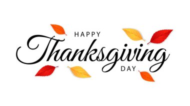 Sonbahar yapraklı Şükran Günü metin tasarımın kutlu olsun. Poster, tebrik kartı ve afiş için el yazısıyla yazılmış bir şükran günü. Vektör illüstrasyonu