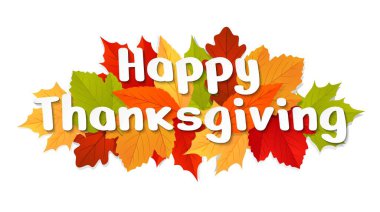 Mutlu Şükran Günleri Sonbahar yapraklarıyla birlikte şükran günü tipografisi. Vektör illüstrasyonu