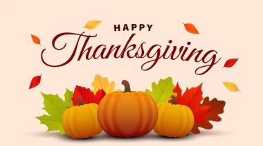 Şükran Günü 'nde mesaj geçmişin kutlu olsun. Sonbahar yaprakları ve balkabağı ile Şükran Günü tebrik kartı tasarımı. Vektör illüstrasyonu