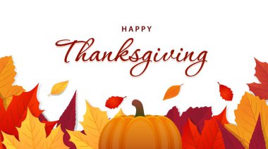 Balkabaklarıyla ve yapraklarıyla Şükran Günü mesajlaşman kutlu olsun. Tebrik kartı, poster ve afiş için sezonluk kutlama tasarımı. Vektör illüstrasyonu