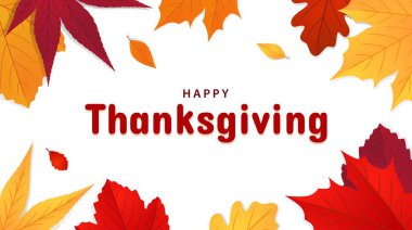 Sonbahar yapraklı Şükran Günü arkaplanınız kutlu olsun. Tebrik kartı, poster ve afiş için sezonluk kutlama tasarımı. Vektör illüstrasyonu