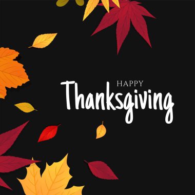 Siyah arka planda sonbahar yaprakları olan mutlu şükran günü tipografisi. Vektör illüstrasyonu