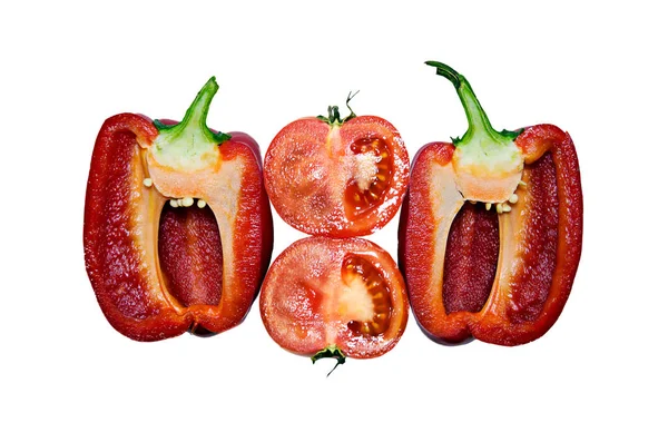 Paprika Und Tomatenscheiben Gemüse Auf Weißem Hintergrund — Stockfoto