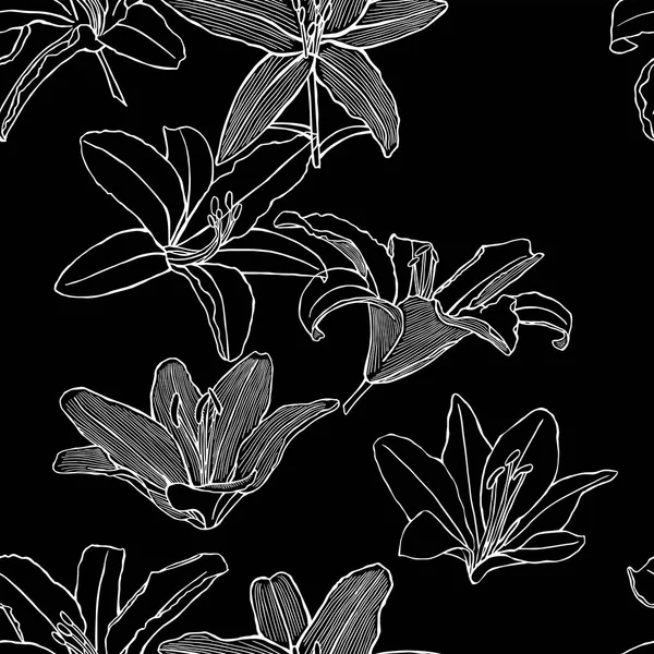 Floral naadloze achtergrondpatroon met verschillende lelies hand getrokken. Zwart-wit vectorillustratie. Contour tekening. — Stockvector