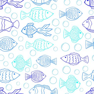 Komik balık baloncuklar beyaz zemin üzerine desen anahat