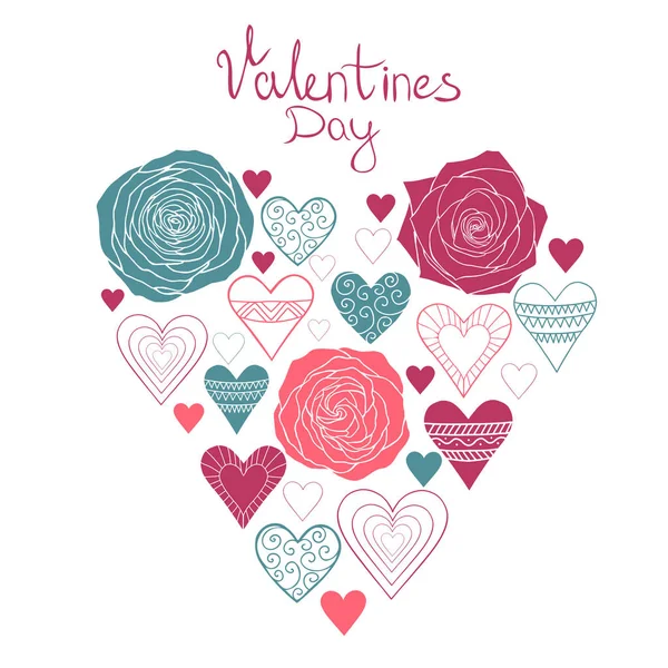 快乐情人节卡片, 背景与心脏和玫瑰 — 图库矢量图片