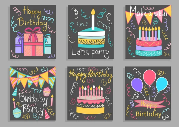 Tarjeta de felicitación de feliz cumpleaños y plantillas de invitación de fiesta, ilustración vectorial, estilo dibujado a mano — Vector de stock