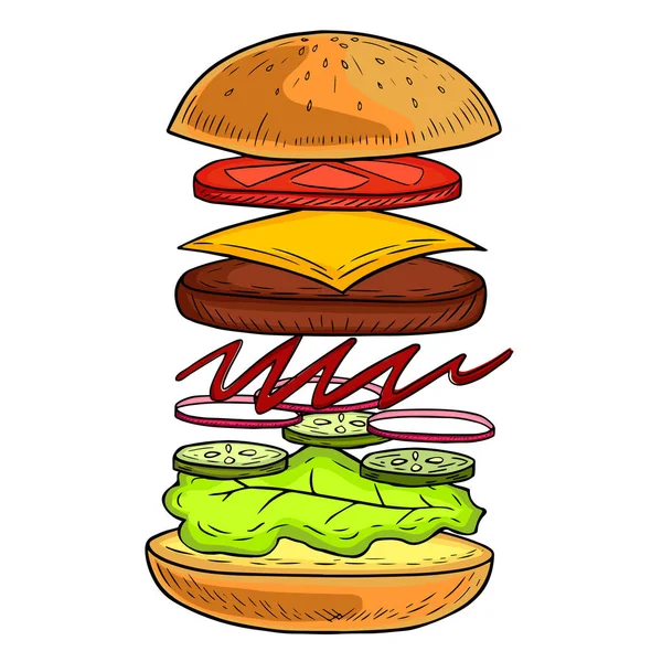 Burger z mięsa i sera ilustracja ręcznie, fast food, sandwich apetyczny, kultowego żywności, styl retro, moda grafika wektorowa, kolorowe — Wektor stockowy